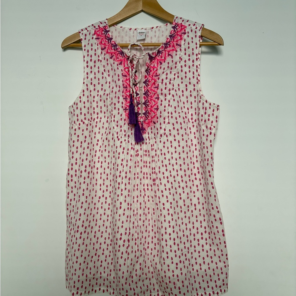 Rikshaw Design Boho Embroidered Sleeveless Pink/White Lined Cotton Tunic Medium